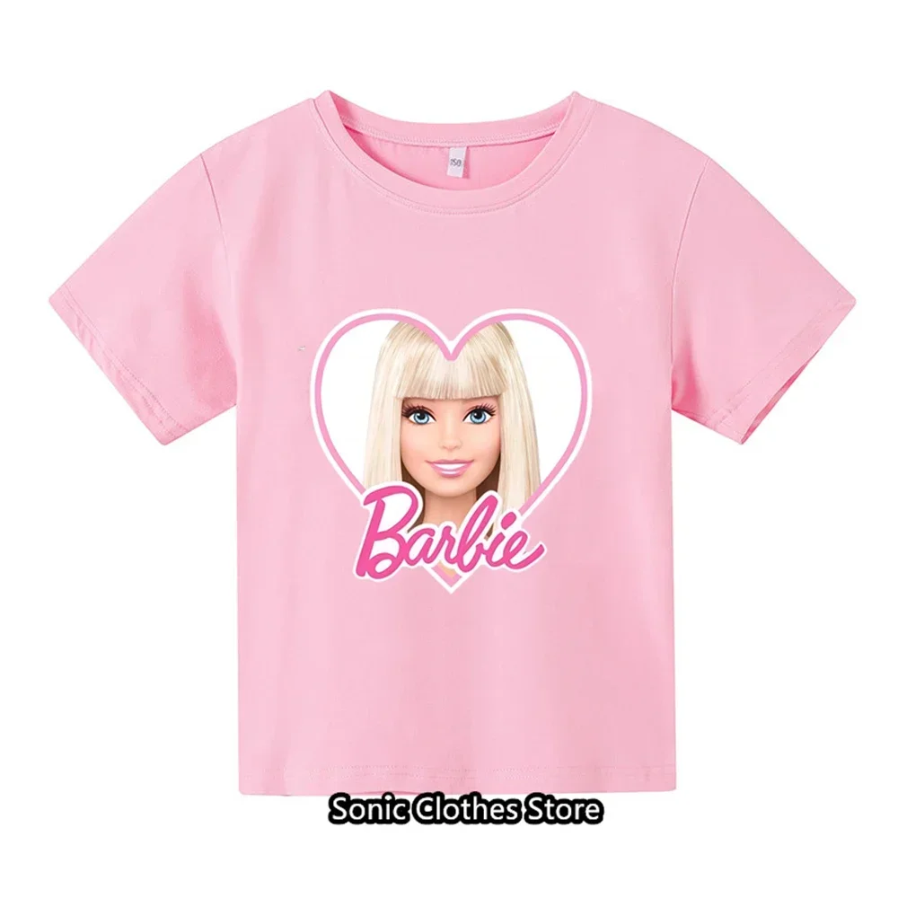 Kawaii Barbie Short Sleeve Summer Anime Cartoon Boys Girls Soft Round Neck T Shirts Oversized Fashion Y2K White Tees Tops Gifts