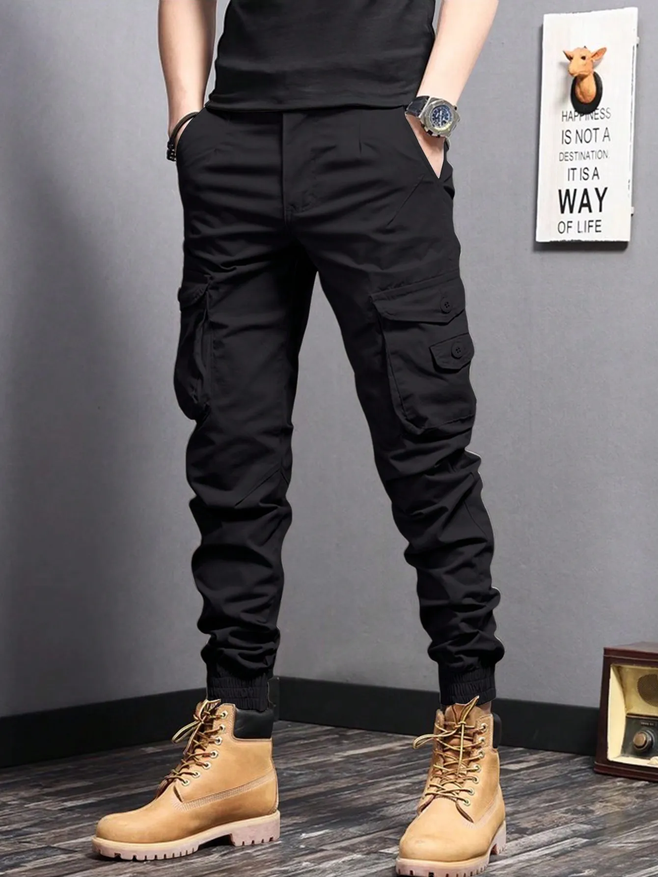 Trendy Solid Cargo Pants, Men's Multi Flap Pocket Trousers, Loose Casual Outdoor Pants, Men's Work Pants Outdoors Streetwear