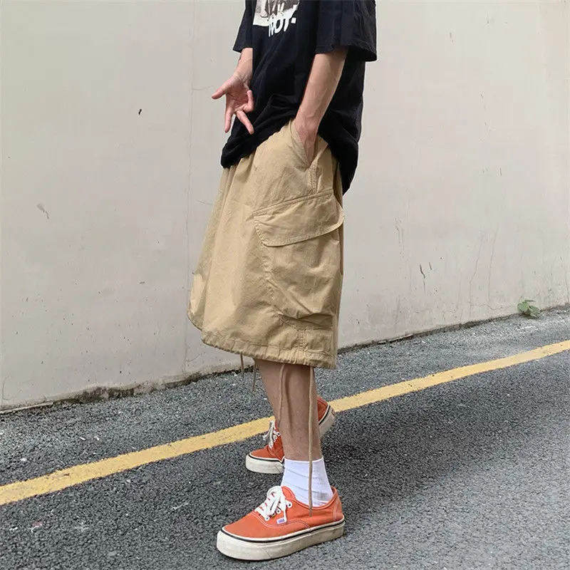 Fashion Korean large pocket workwear straight shorts men summer y2k street hip hop trendy brand solid color casual loose pants