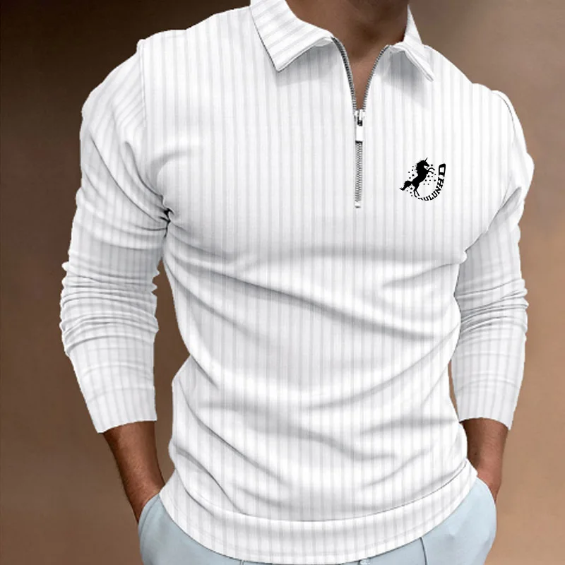 Main New Trending Men Long Sleeve Casual Print Stripe Zipper Polo Shirt Men Golf Polo Shirt . image