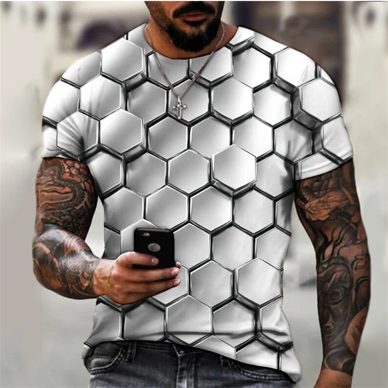 New 2024 hot Popular 3D digital printed wave grid pattern outdoor fitness sports men's short sleeve T-shirt plus size XXS-6XL