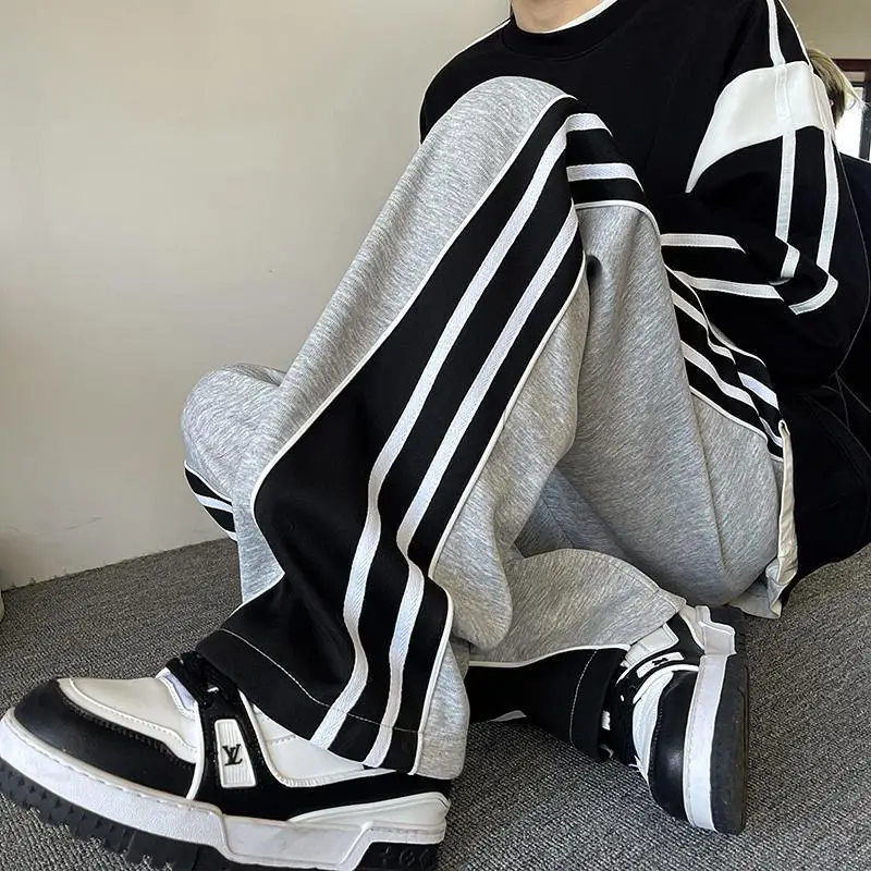 Fashionable Korean straight sweatpants men autumn and summer street y2k American trendy brand striped retro face sweatpants