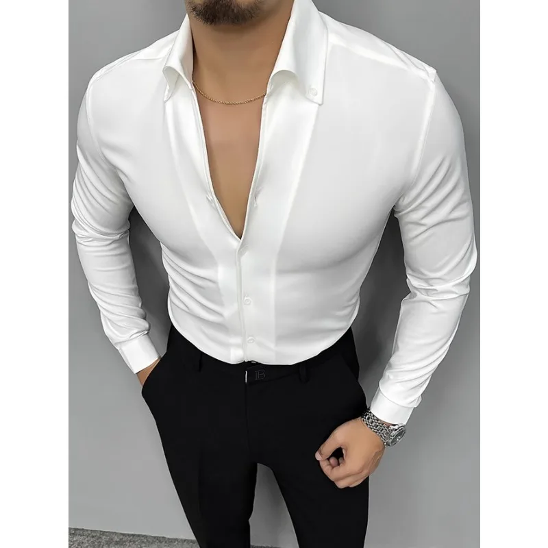 4 Colors! 2024 Spring New Mens Shirt Solid Color Versatile Casual Polo Collar Men's Long Sleeve Shirts