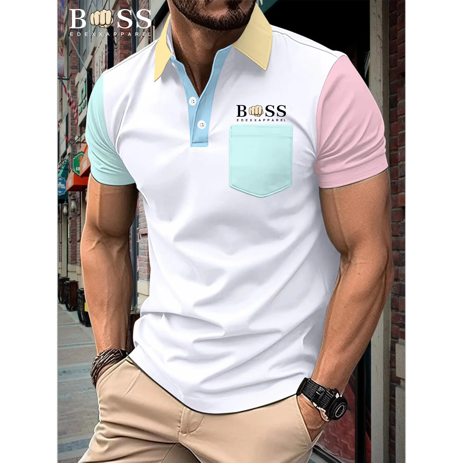 New Summer Men's Hot Selling Polo Neck Shirt Solid Button Men's Short sleeved Checkered Color Block T-shirt High Quality Anti wr