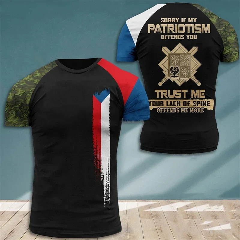 Czech Army T Shirt for Men Veteran Camouflage T-Shirt Tops 3D CZECH National Flag Print Tshirt Soldiers Forest Camo Tactical Tee