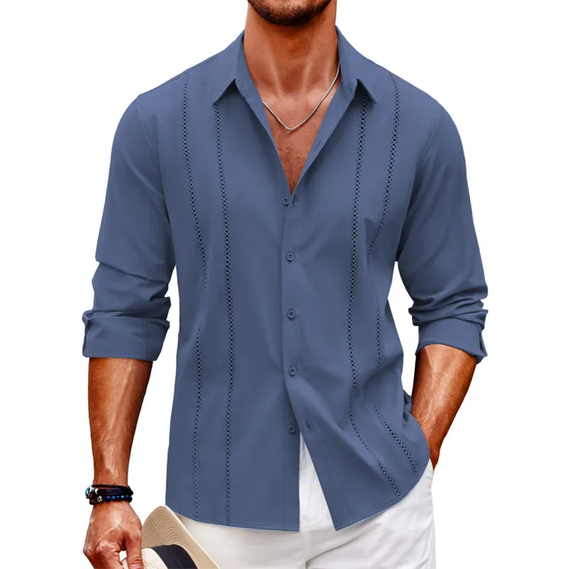 Simple casual new men's long sleeve shirt beach linen button men's long sleeve solid color plus size comfort