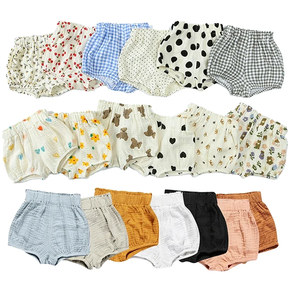 2024 Baby Summer Lounge Cotton Linen Shorts Solid Print Breathable For Unisex Outfit Bloomers Boy Girl Korean Cute PP Pants