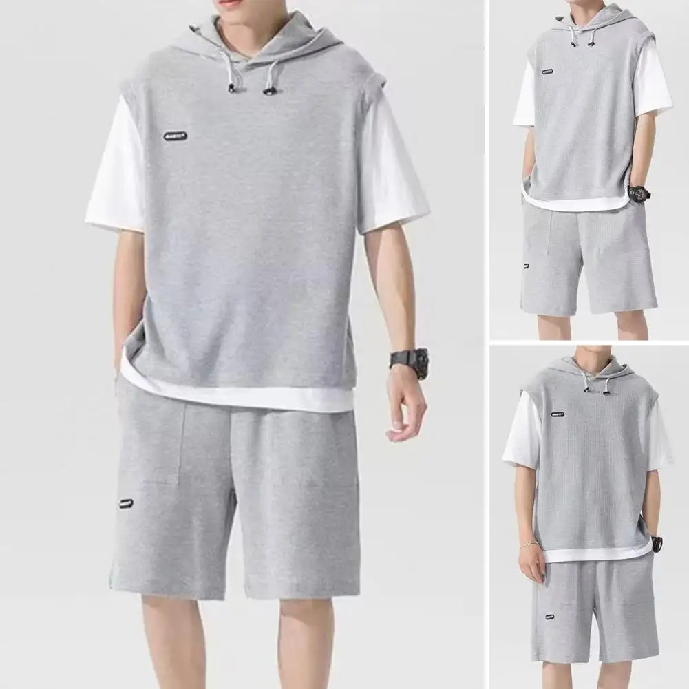 Fake Two Pieces Outfit Men's Casual Sport Outfit Set with Hooded Drawstring Top Elastic Waist Shorts Waffle Texture for Active