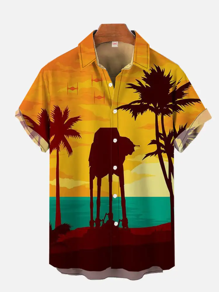 Beach Sunset Coconut Tree and Armor Walker Hawaiian Print Short Sleeve Shirt Plus Size S-5XL