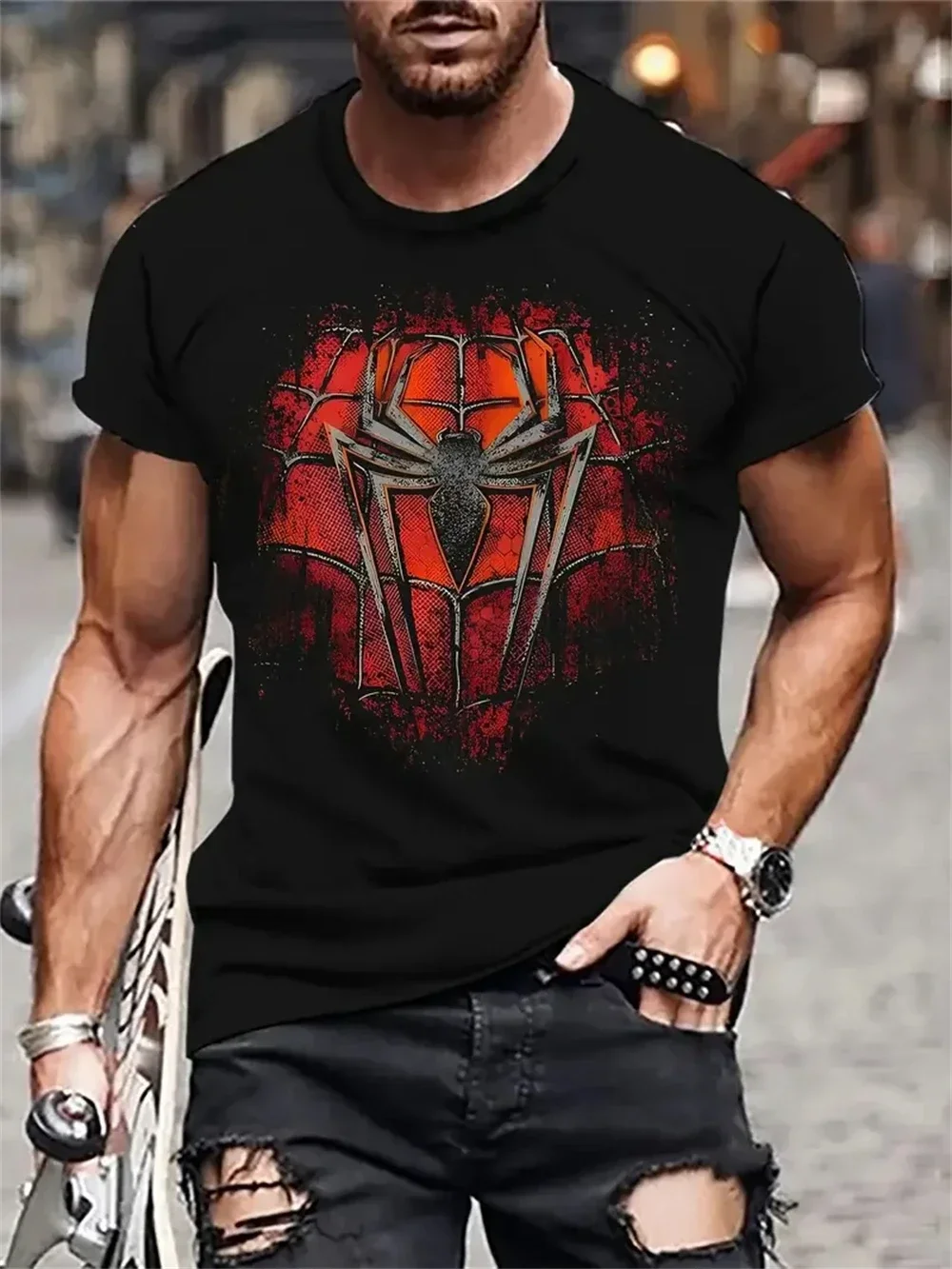 Summer Men's New Spider 3D Printed T-shirt Oversized Street Fashion Men's Personalized Harajuku Round Neck Sports T-shirt