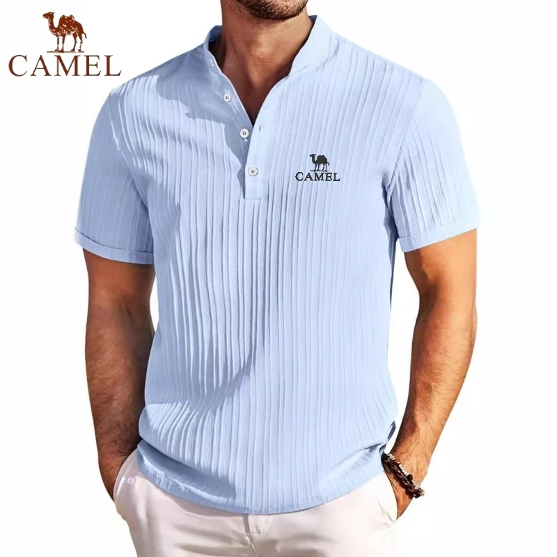 High End Embroidered CAMEL Cotton and Linen Striped Henry Polo Shirt, New Summer Men's Retro Fashion Casual Short Sleeved Top