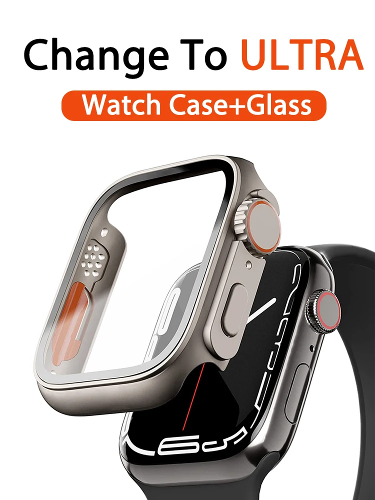 Glass+Case For Apple Watch Series 9 8 7 45mm Case Change to Ultra For Iwatch 5 6 44mm Screen Protector Cover Bumper Accessories