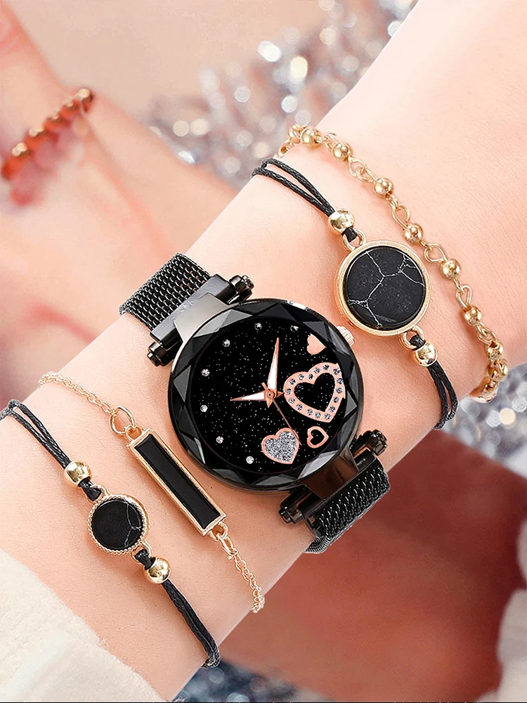 5pcs Women's Fashion Starry Sky Love Absorbent Iron Mesh with Quartz Watch+Bracelet Combination Set