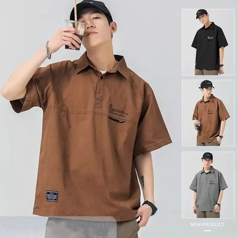 Summer American Vintage Short Sleeve Polo Cargo T Shirt Men Loose Casual Polos Homme Tee Tops Y2K Streetwear Fashion Golf Wear