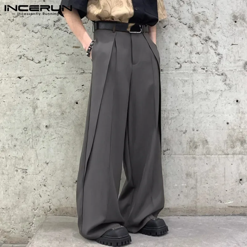 INCERUN 2024 Korean Style Men's Pantalons Personality Cutting Design Wide Leg Trousers Solid Casual Streetwear Long Pants S-5XL