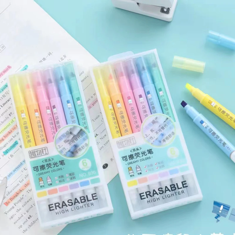 Main 6pcs Cute Erasable Highlighters Pastel Markers Fluorescent Pen for Art Drawing Doodling Marking School Office Kawaii Stationery image