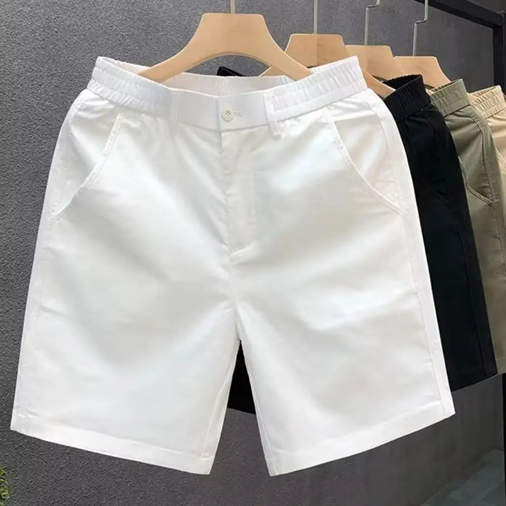 Men Elastic Waist Shorts Men's Summer Casual Shorts Mid-rise Elastic Waistband Beach Shorts Solid Color Straight Wide Leg Loose