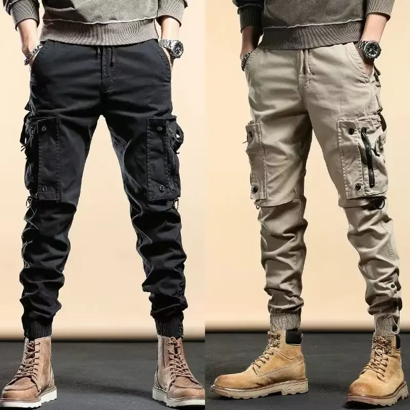 New American Retro Outdoor Hip Hop Workwear Pants for Men's Trendy Elastic Waist Zipper Simple Large Pocket Tied Casual Pants