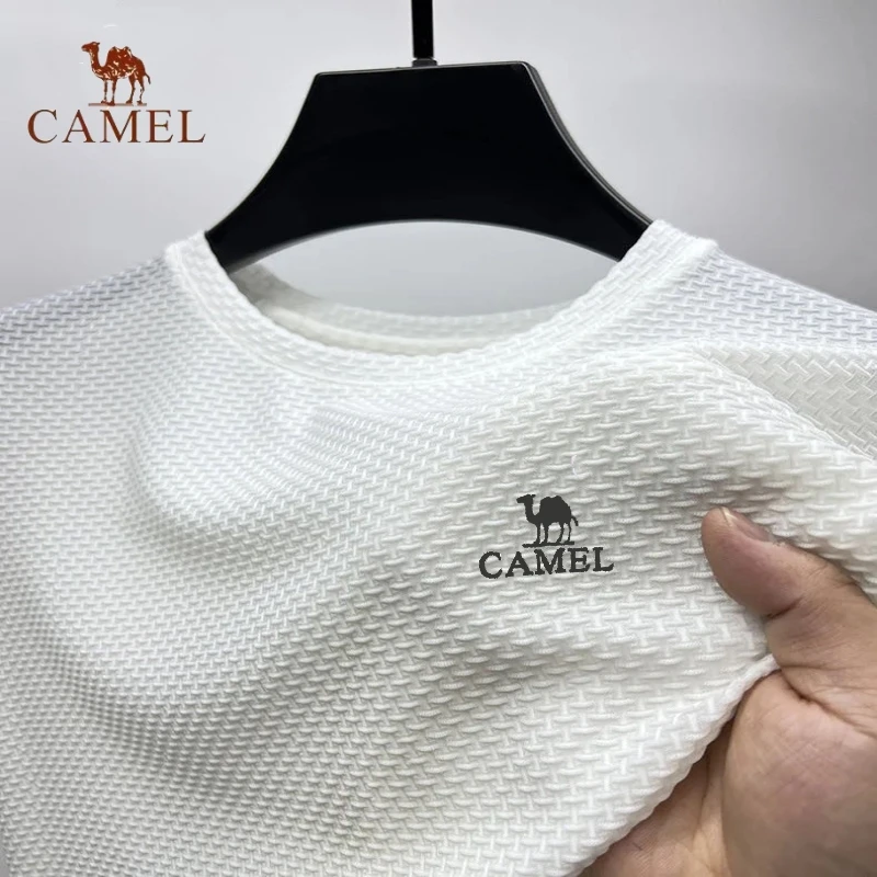 High End Embroidered CAMEL Ice Silk Mesh Short Sleeved T-shirt for Men's Summer Fashion Casual Breathable Short Sleeved Polo Top