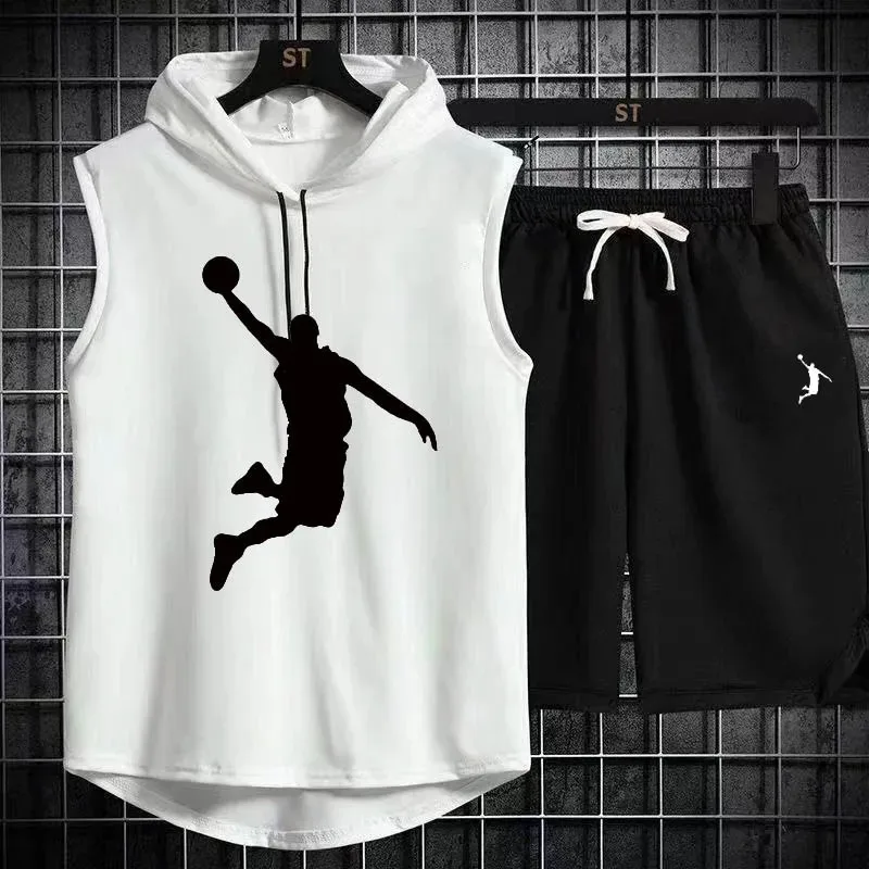 Men's Oversized Tracksuit Set, Sleeveless Hood T Shirts, Shorts Pants, Sportswear Vest, 2 Piece Suits, Summer Gym Workout Hoodie