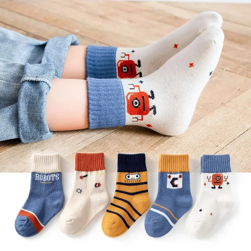 5Pairs/Lot Cartoon Kids Socks Casual Baby Boys Cotton Stripe Spring Autumn Toddler Knitted Children Socks For 1-8Years