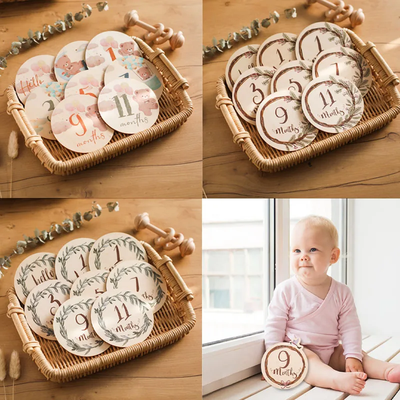 8Pcs Wooden Baby Monthly Milestone Cards Double Sided Photography Prop Milestone Discs Baby Pregnancy Growth Announcement Cards