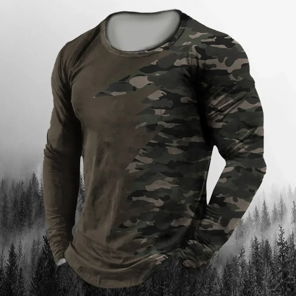 Vintage Men's Long Sleeve T Shirt Autumn Print round neck Tees Camouflage Pattern Clothes Casual High Street Oversized Men Tops