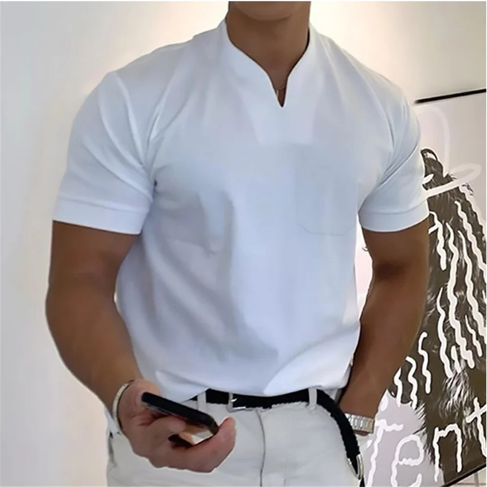 2024 Fashion Men's V-neck T-shirt Solid Color Cotton Short-Sleeved Summer Casual Sportswear high-Quality Beach Top S-5XL