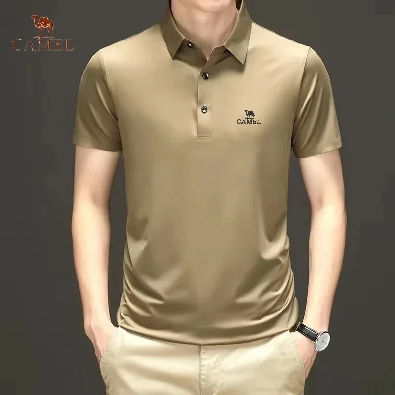 New Embroidered CAMEL Silk Ice Cool Polo Shirt Summer Men's Fashion Business Leisure Smooth Breathable Short Sleeved T-shirt Top