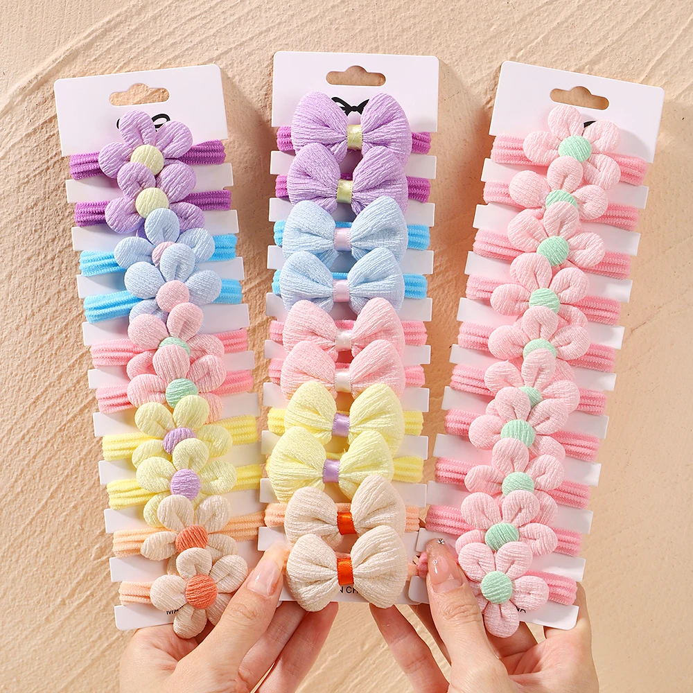 10pcs/set Cute Girls Nylon Flower Hair Ties Candy Elastic Bow Hair Bands Pigtails Hair Rope Rubber Scrunchies Accessories Set