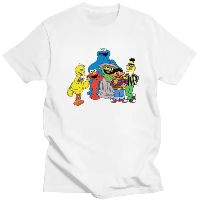 Sesame Street Cartoon Tshirt for Men Short Sleeves Print T Shirt Stylish Elmo Big Bird T-shirt Fit Cotton Tee Tops Merchandise