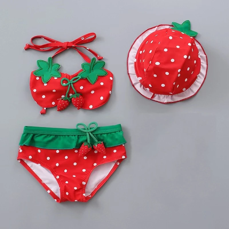 2024 Baby Swimwear Kids Girls 3 Pieces Swimsuit Bikini Summer Children Cute Strawberry Pineapple Swimwear For Beach Vacation