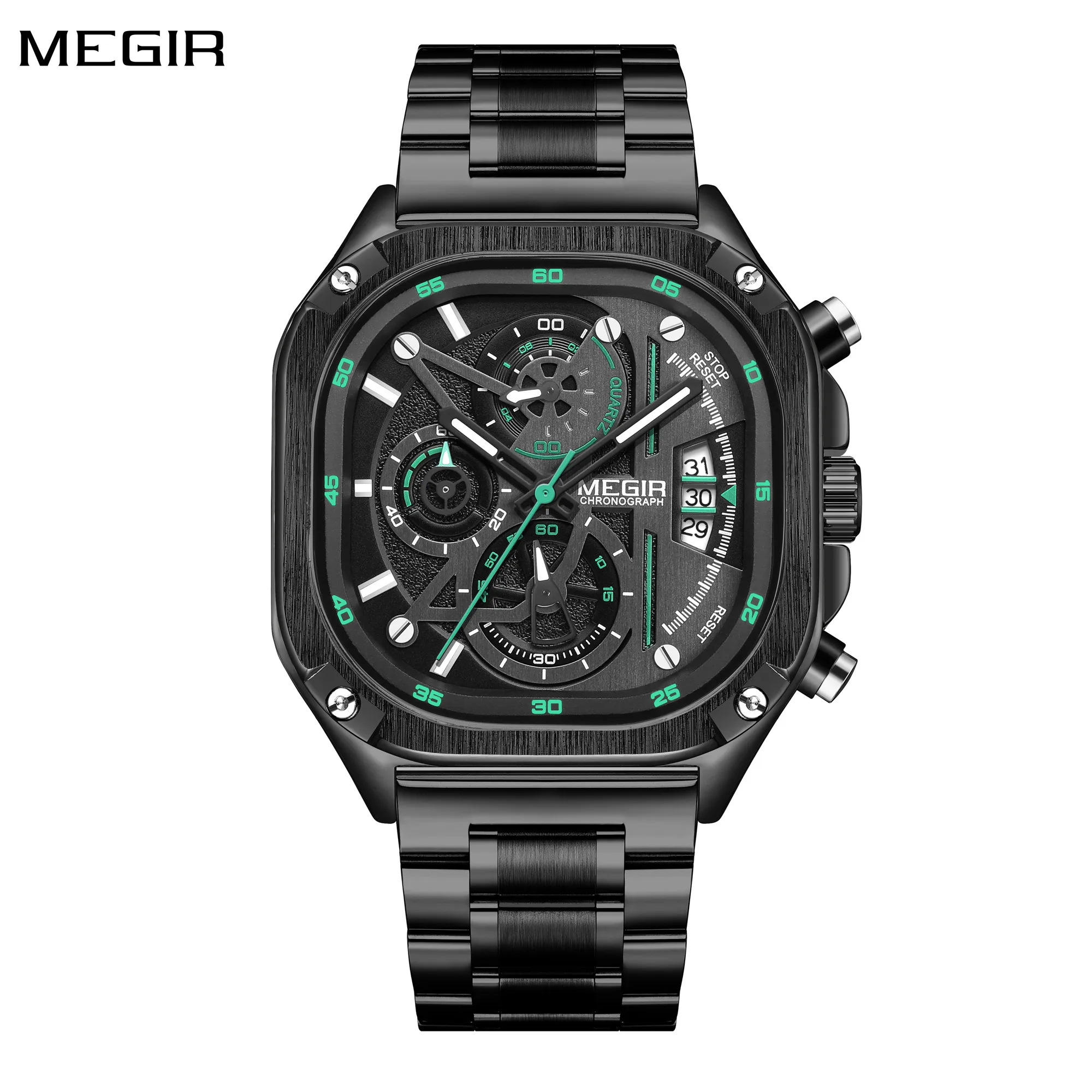 MEGIR Black Quartz Watch Men Waterproof Square Dial Wristwatch with Chronograph Stainless Steel Strap Luminous Hands Auto Date