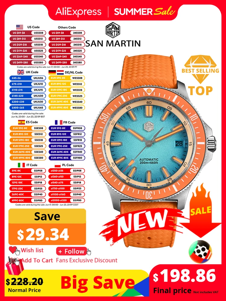 San Martin 40mm Dive Watch Original Design NH35 Automatic Mechanical Fashion Men Watch Sapphire Waterproof 200m Luminous SN0118