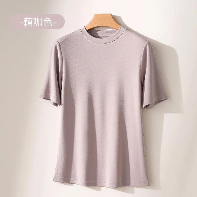 Main 2024 Summer New Women's Lanjing Modal Short sleeved T-shirt Cool and Quick Drying Half sleeved Bottom Shirt Round Neck T-shirt image