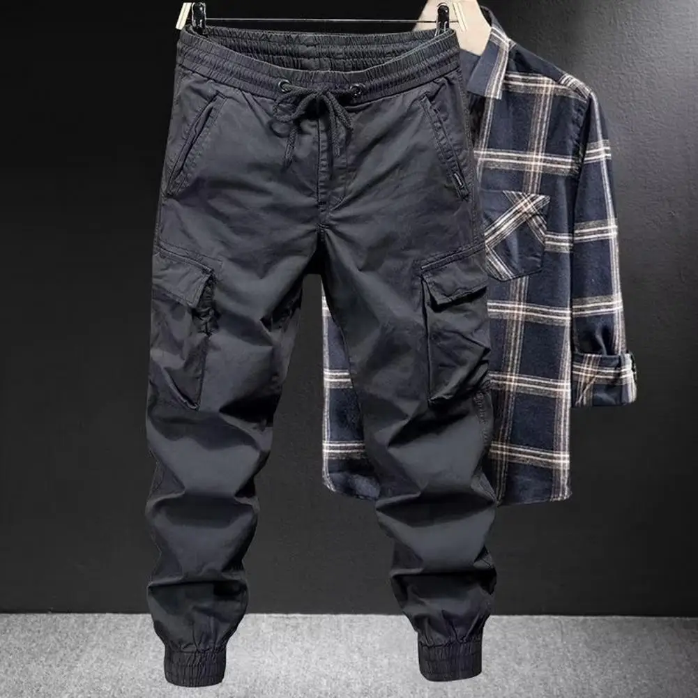 Men Cargo Pants Drawstring Multi Pockets Street Trousers Elastic Waistband Loose Hip Hop Long Trousers Casual Pants Streetwear