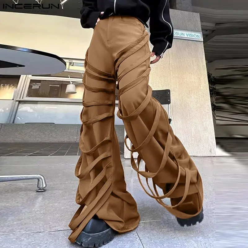 INCERUN 2024 Korean Style Trousers Fashion Men's Personality Tie Belt Decorative Pants Stylish Male Straight Leg Pantalons S-5XL