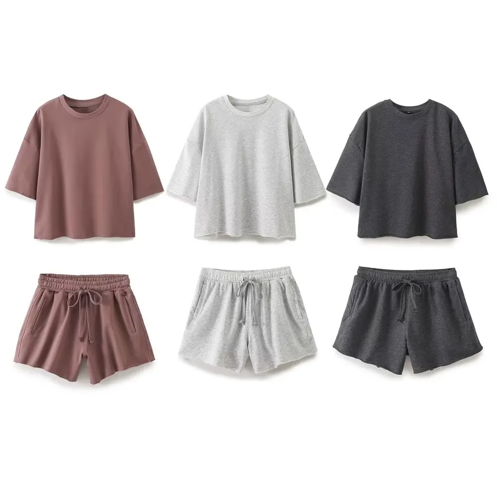 Main Set women 2 pieces New Fashion basic style Short sleeved ribbed Sweatshirts loose O Neck Tee Shirt Tops+shorts Women's suit image