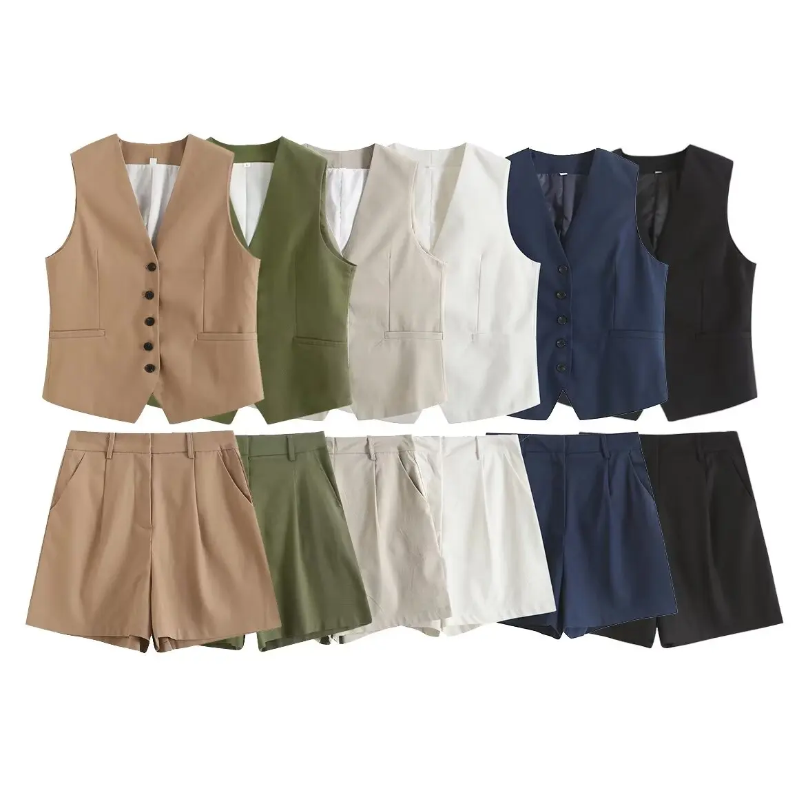 set woman 2 pieces New Fashion Pocket decoration Casual V Neck Button-up Vest Vintage Sleeveless Female + shorts Women's suit