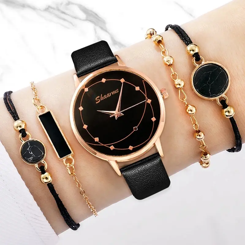 5pcs Set Women Fashion Watch Casual Leather Belt Watches Ladies Starry Sky Dial Quartz Wristwatches Dress Clock Reloj Mujer