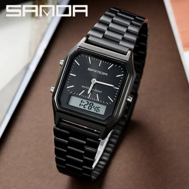 SANDA Luxury Mens G Style Watches Stainless Steel Women LED Digital Dual Display Clock Unisex Waterproof Sports Quartz Watch