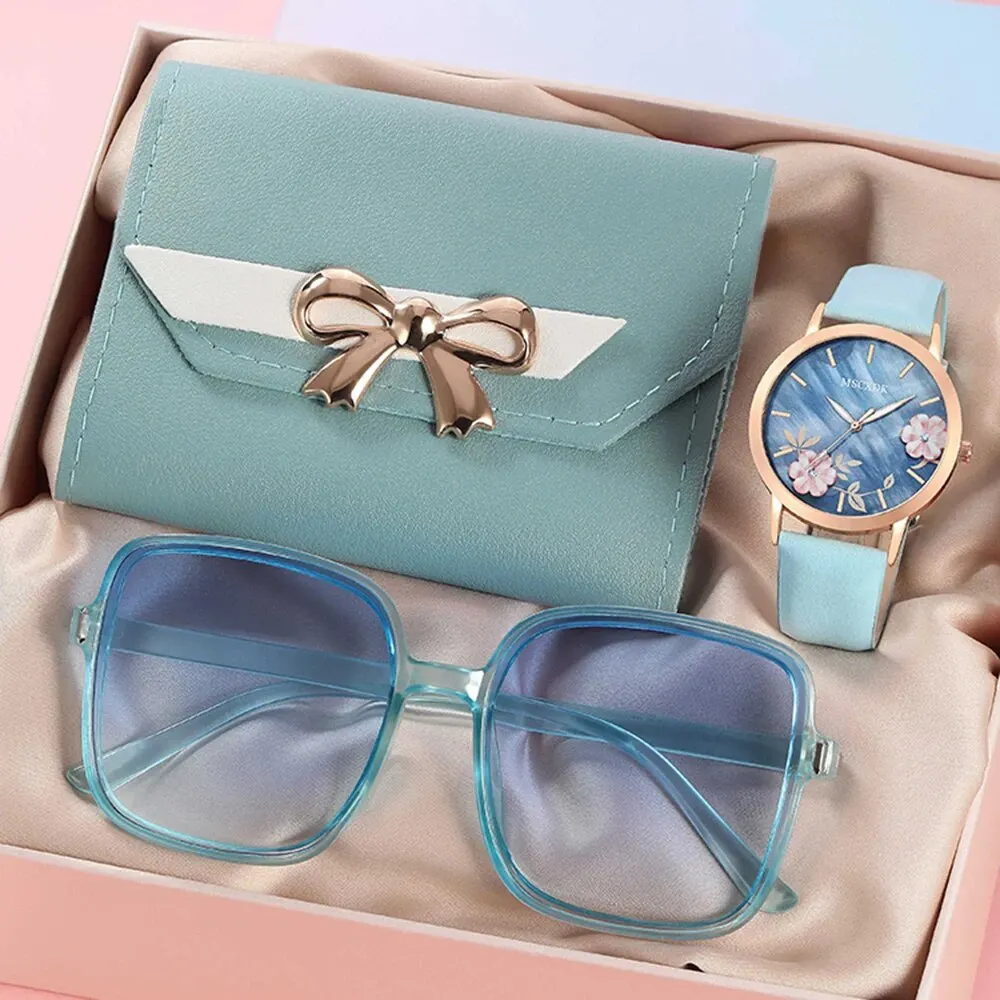 Fashion Women Watches Glasses Wallet Set Casual Leather Belt Quartz Wristwatches Ladies Bow Wallet Sunglasses Montre Femme