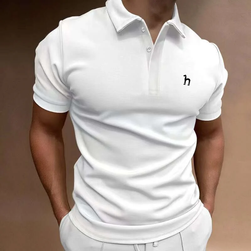 Men New Summer Short Sleeve Casual Pure Color Lapel Polo Shirt with Pocket