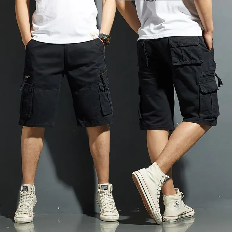 Short Pants for Men with Zipper Solid Black Mens Cargo Shorts Multi Pocket Homme Comfortable Summer 2024 Fashion New in Casual