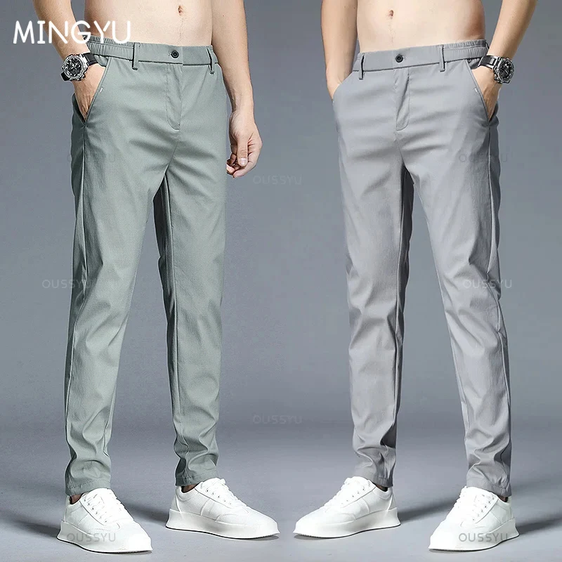 Summer Casual Pants Men Thin Stretch Slim Fit Elastic Waist Business Classic Korean Work Cotton Trousers Male Khaki Gray Green38