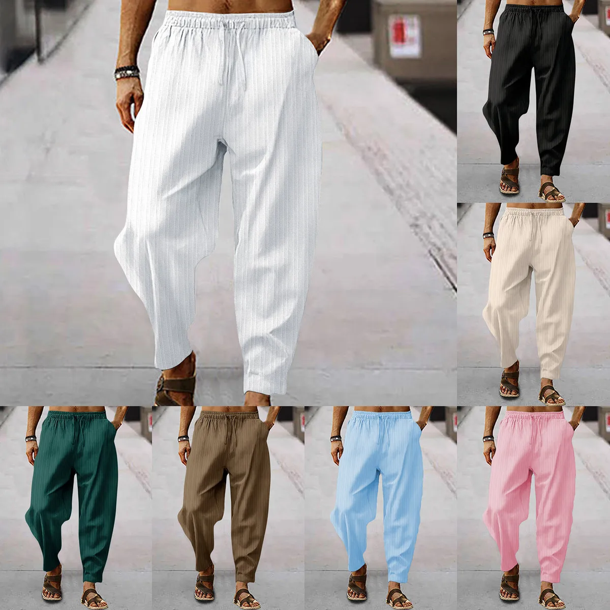 Summer new cotton breathable comfort linen striped men's hip hop sweatpants Business casual men's pants S-5XL