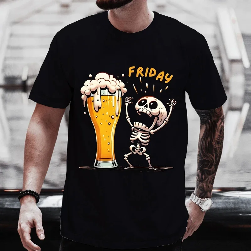 Summer New Fashion Cartoon Beer 3D Printed Men's T-shirt with Skull Pattern Funny O-Neck T-shirt Extra Large Street Clothing Top