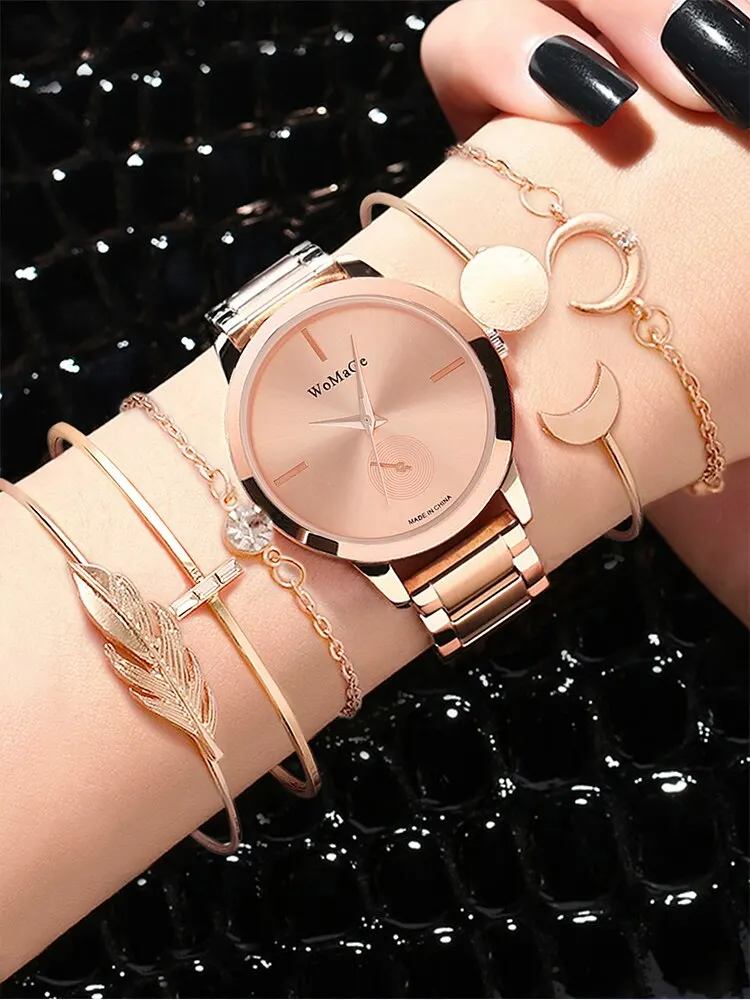 6pcs Women's Fashion Round Steel Band Quartz Watch+Bracelet Combination Set