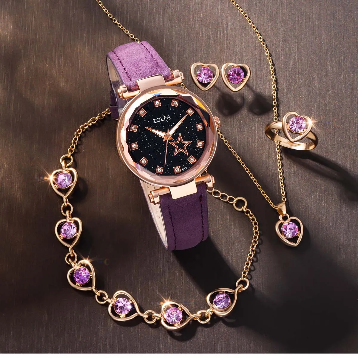 Leather Star Rhinestone Girls Watch 6 Piece Set