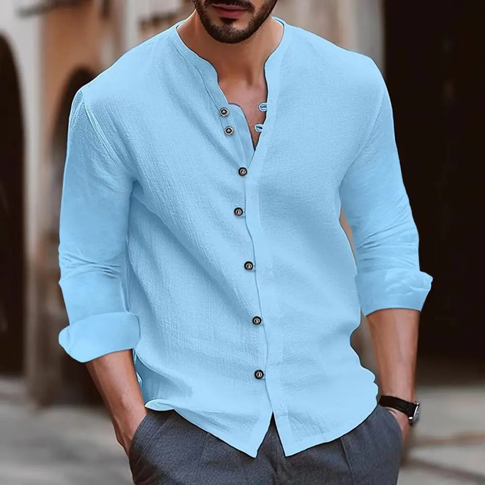 Spring and autumn new men's retro cotton and linen casual loose long-sleeved shirt fashion trend solid color blouse